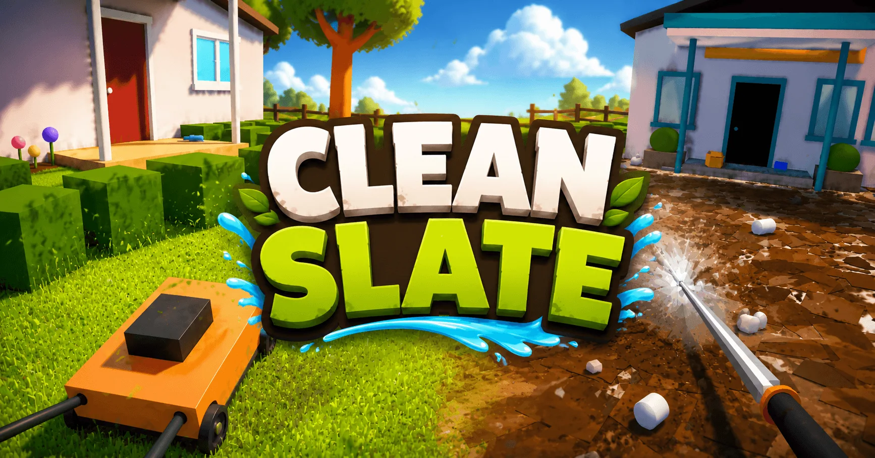 Clean Slate key art — half-mowed lawn, half-washed driveway