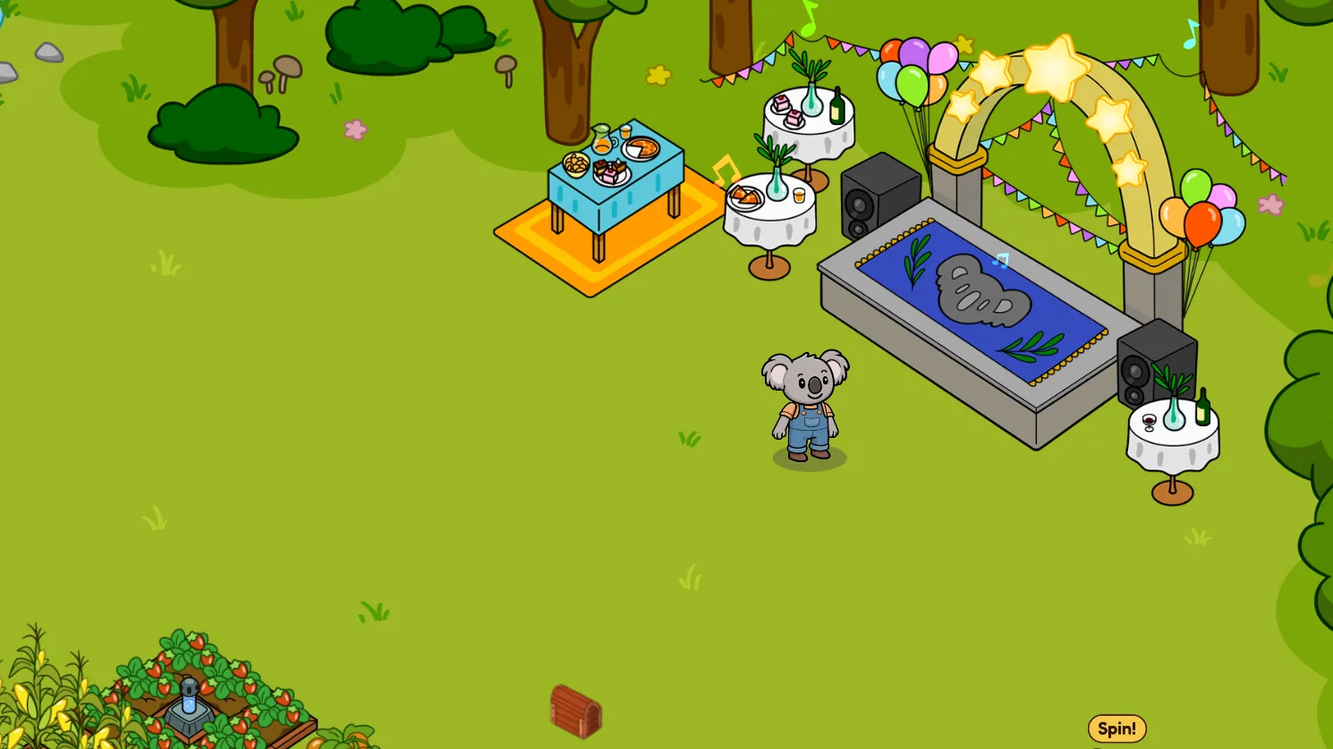 Koko's Farm Life — festival stage with arch, balloons and prize wheel